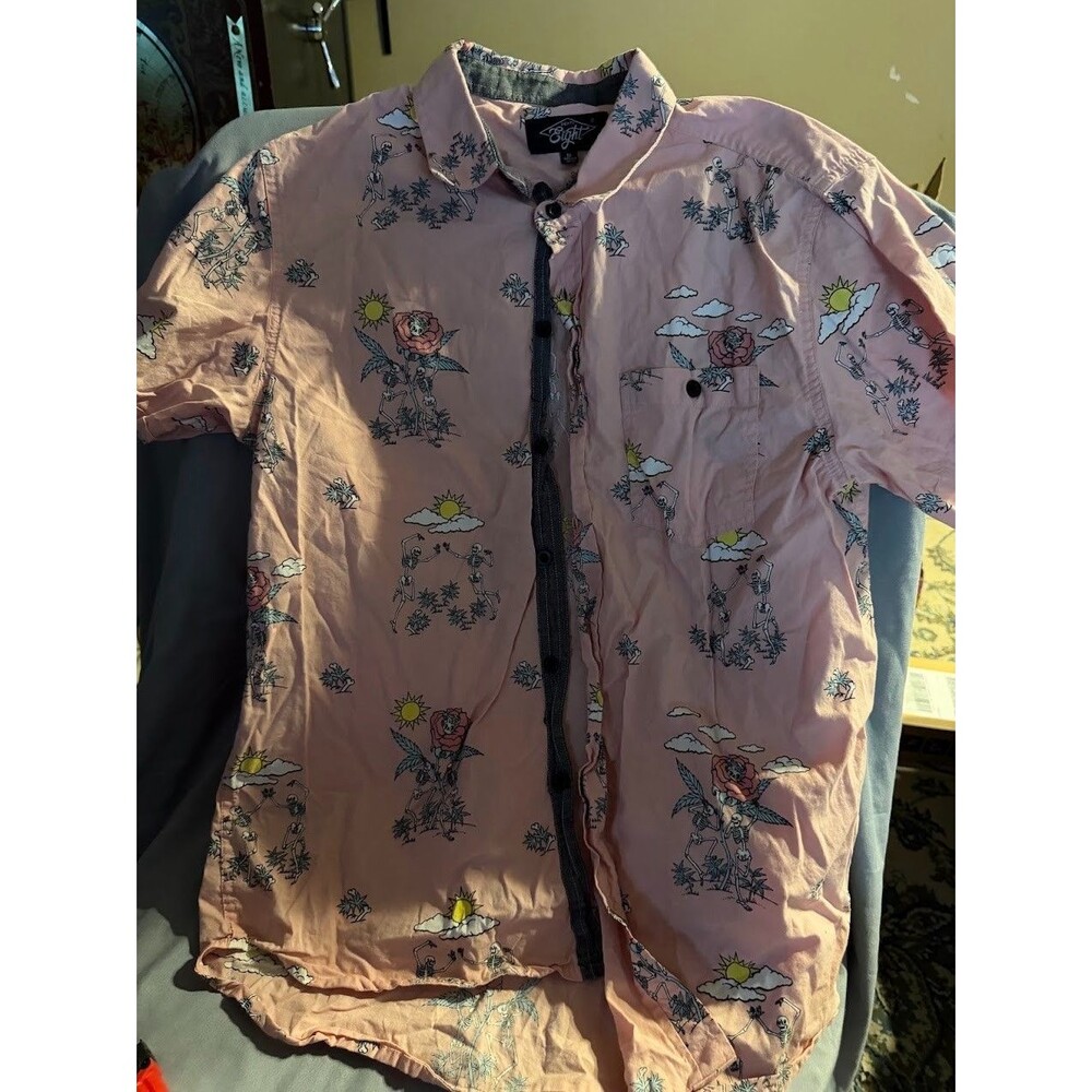 Eighty Eight Mens Medium Pink Skeleton Rose Hawaiian Button Up Shirt Short Sleev